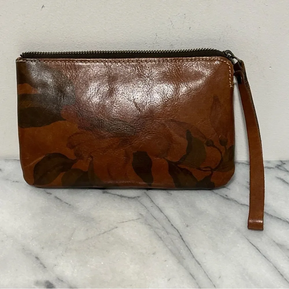 Patricia Nash Brown Leather Wristlet with Floral Design